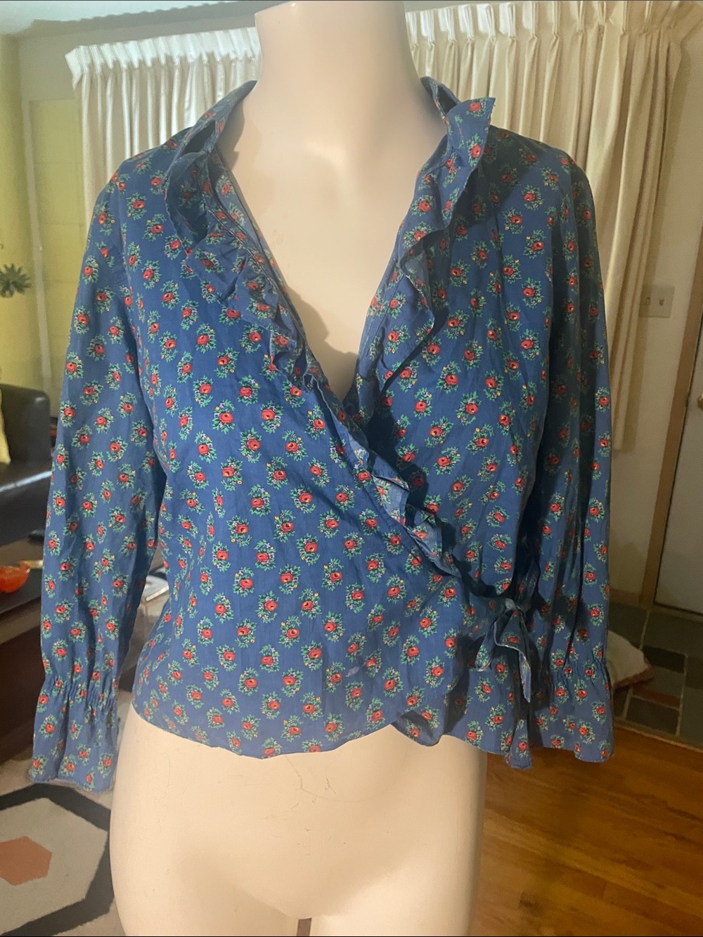 Vintage Lauren Ralph Lauren Blue Floral Wrap Ruffle Blouse With Red Floral Print